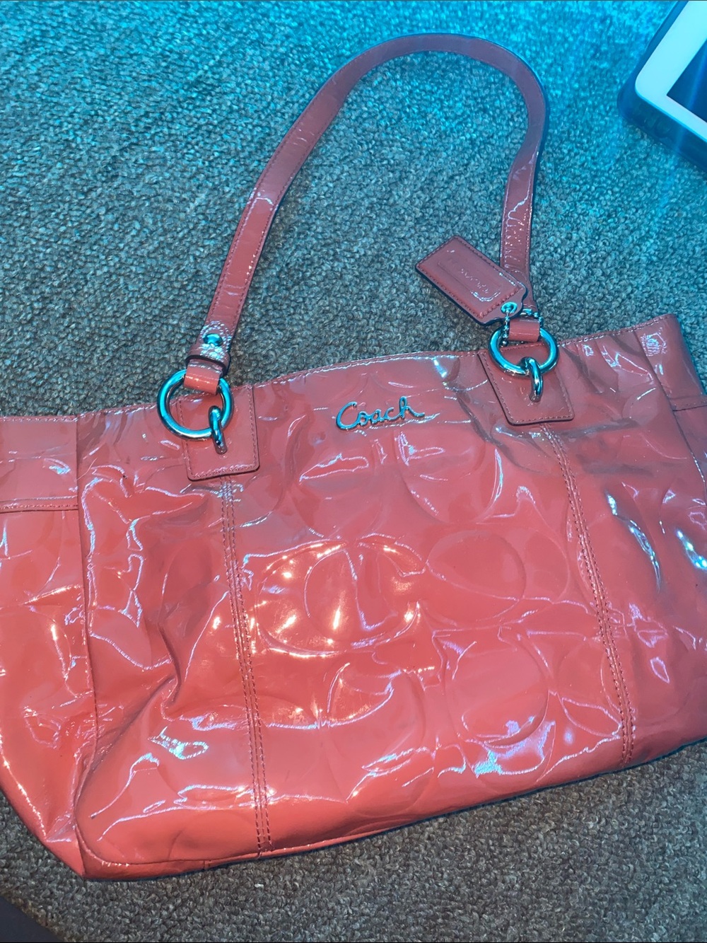Coach Coral-Red Patent Leather Signature Tote